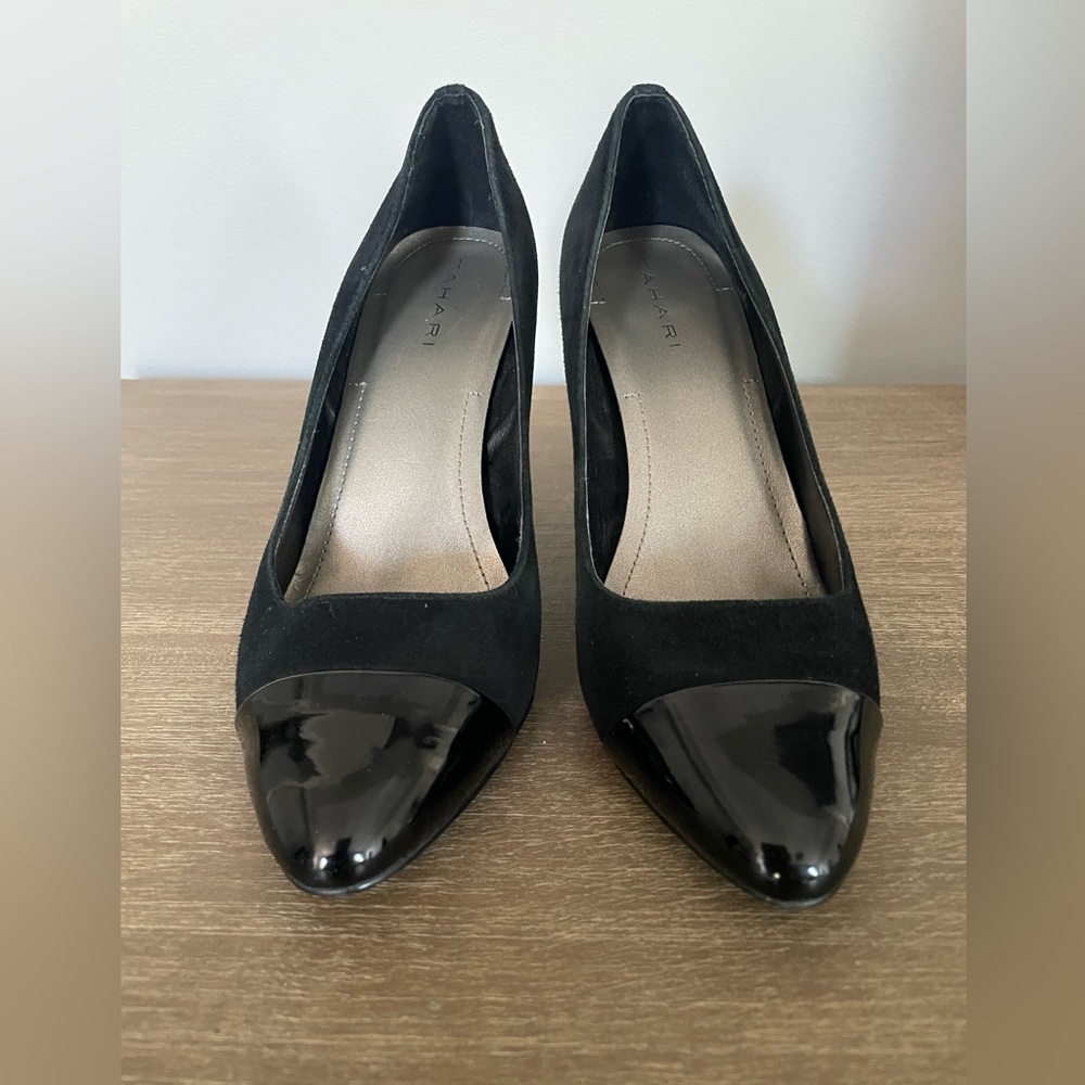 Tahari Black Suede Heels with Patent Toe